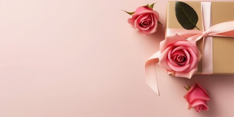 Design concept with pink rose flower and gift box on colored table background
