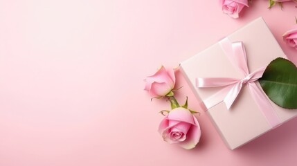 Design concept with pink rose flower and gift box on colored table background