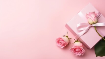 Design concept with pink rose flower and gift box on colored table background top view 