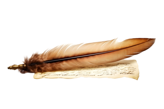 Feather pen with scroll and ink isolated on white background. Generative AI.
