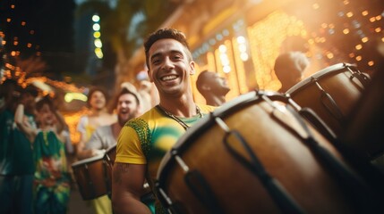 Four members Brazilian samba band professional color grading, soft shadows, no contrast, clean sharp focus, film photography, intricate, masterpiece, high detailed, high resolution, 