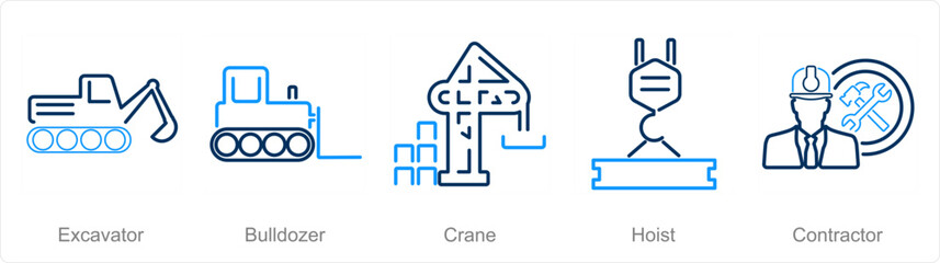 A set of 5 Build icons as excavator, bulldozer, crane - obrazy, fototapety, plakaty