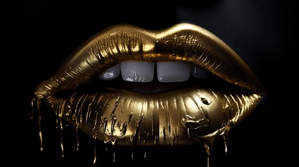 bold glamour: elegant gold lips against a stylish black background - chic wallpaper concept