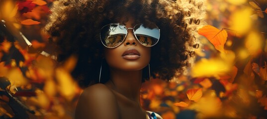 Serene Autumn - Stylish Woman in Nature.
Serene woman in reflective glasses with autumn leaves.