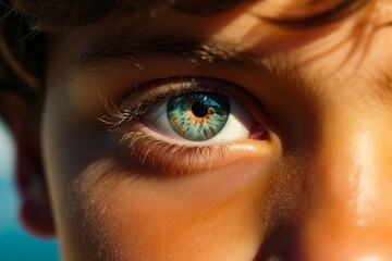 Close up of person's eye with blue iris.