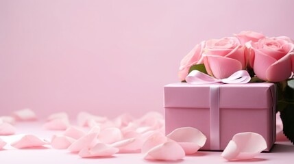 Landscape photography, pink gift box, pink background, several pink rose petals in the foreground, white background spotlight, fluorescent spots, minimalist simplicity.