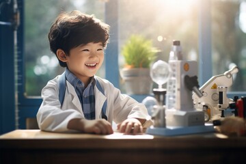 Asian child, boy scientist, enjoys conducting chemical experiments, studying equipment in laboratory - obrazy, fototapety, plakaty