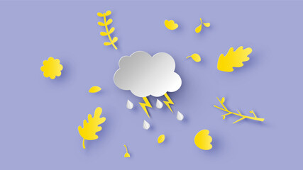 Illustration of Autumn with leaves and blank space on rain clouds. Rainy and Autumn. paper cut and craft style. vector, illustration.