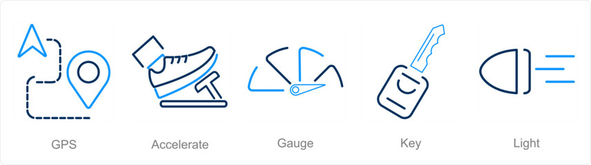 A set of 5 Car icons as gps, accelerate, gauge  - obrazy, fototapety, plakaty