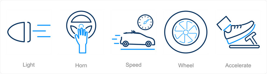 A set of 5 Car icons as light, horn, speed