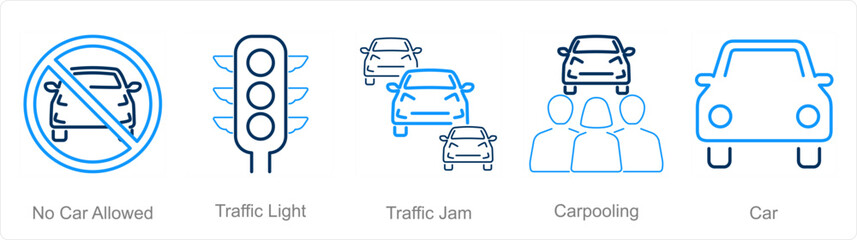 A set of 5 Car icons as no car allowed, traffic light, traffic jam