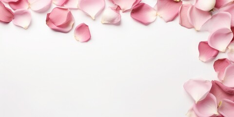 Fototapeta na wymiar Pink rose petals and leaves on white surface, in the style of decorative borders, subtle elegance, nostalgiacore, high resolution, hannah flowers