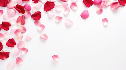 Rose petals scattered on white background