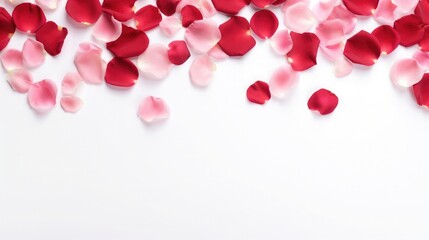 Rose petals scattered on white background