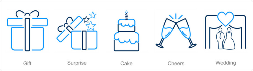 A set of 5 Celebrate icons as gift, surprise, cake