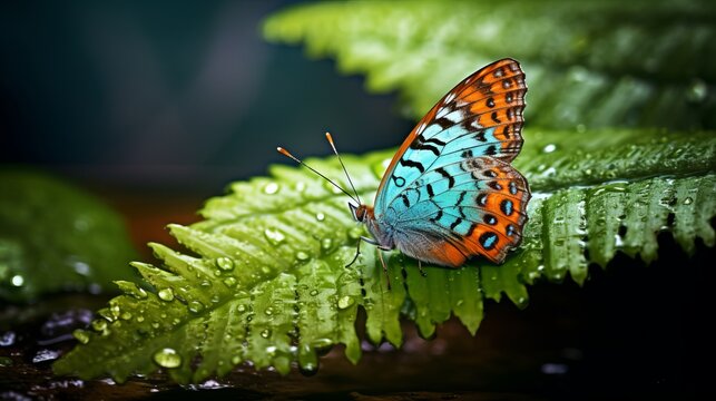 colorful ithomiine butterfly (melinaea satevis) resting on vibrant green leaf with turquoise background &ndash; mindo, ecuador wildlife