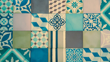 artwork floor mosaic tile background azulejos in cement tiles floor house mosaic tile - obrazy, fototapety, plakaty