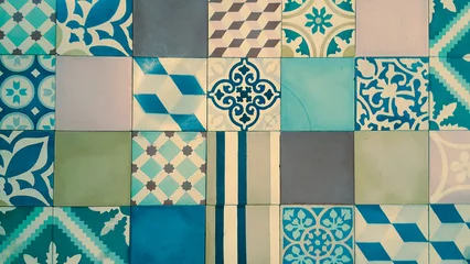 Foto op Plexiglas artwork floor mosaic tile background azulejos in cement tiles floor house mosaic tile © OceanProd