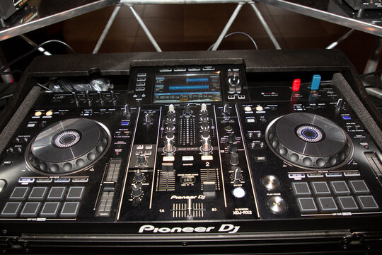Pioneer DJ system XDJ-RX2 logo brand and text sign black mixage board for music mix party