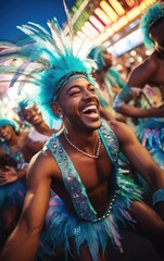 Two charismatic Brazilian male dancers leading a passionate dance performance at a lively carnival,...