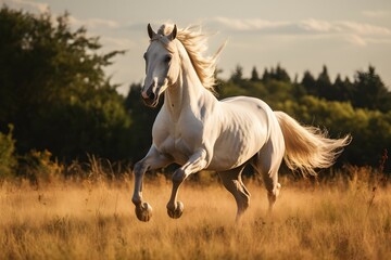 Obraz na płótnie Canvas a white horse galloping through a field in sunlight