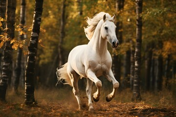 a white horse galloping in the field against the woods - Powered by Adobe