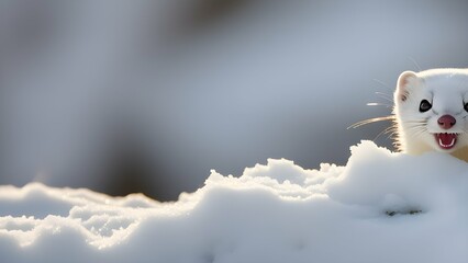short-tailed weasel pops its head out from the snow