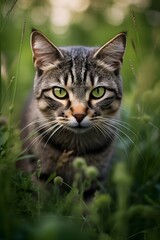 Naklejka na ściany i meble a gray tabby cat walking in a field with green foliage