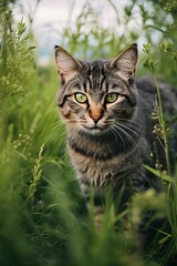 Naklejka na ściany i meble a gray tabby cat walking in a field with green foliage