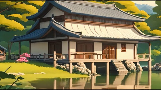 Traditional house on a beautiful lake with calm waters. Animation with anime or Japanese cartoon acrylic painting style that repeats over and over again. Anime wallapaper for live desktop wallpaper.