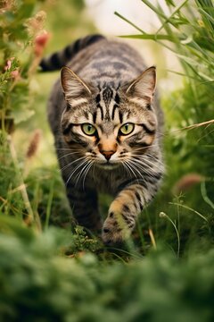 a gray tabby cat walking in a field with green foliage