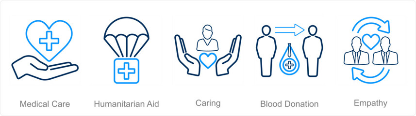 A set of 5 Charity and donation icons as medical care, humanitarian aid, caring - obrazy, fototapety, plakaty