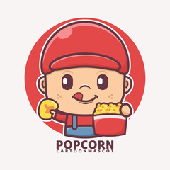 cute cartoon mascot with popcorn. vector illustrations with outline style