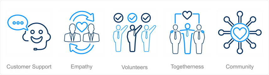 A set of 5 Charity and donation icons as customer support, empathy, volunteers - obrazy, fototapety, plakaty