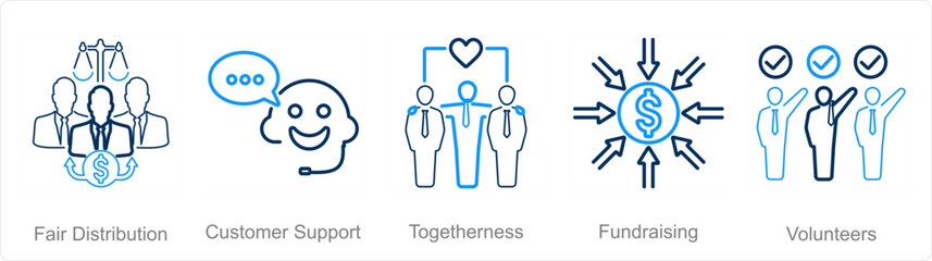 A set of 5 Charity and donation icons as fair distribution, customer support, togetherness