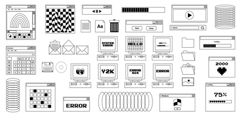 User Interface y2k stickers. Retro icon browser, buttons, screen computer, folder, file, document thumbnails, loading progress bar, notifications and more. Black, white colors. Vector illustration. - obrazy, fototapety, plakaty
