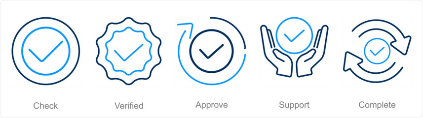 A set of 5 Checkmark icons as check, verified, approve - obrazy, fototapety, plakaty