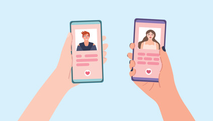 Hands holding mobile phones with open pages of online dating application on light blue background