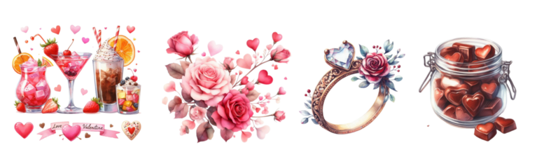 Watercolor Valentine's Day gift, teddy bear ring, flowers in pink tones