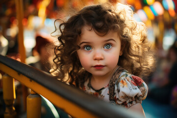 Fototapeta premium Childhood, portrait of a cute child girl in an amusement park looking at camera