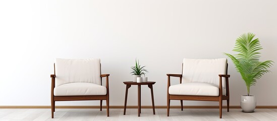 Waiting room furnished with two armchairs and white wall behind. - obrazy, fototapety, plakaty
