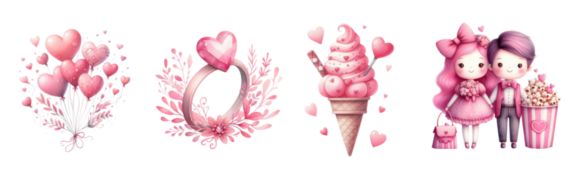 Watercolor Valentine's Day gift, teddy bear ring, flowers in pink tones