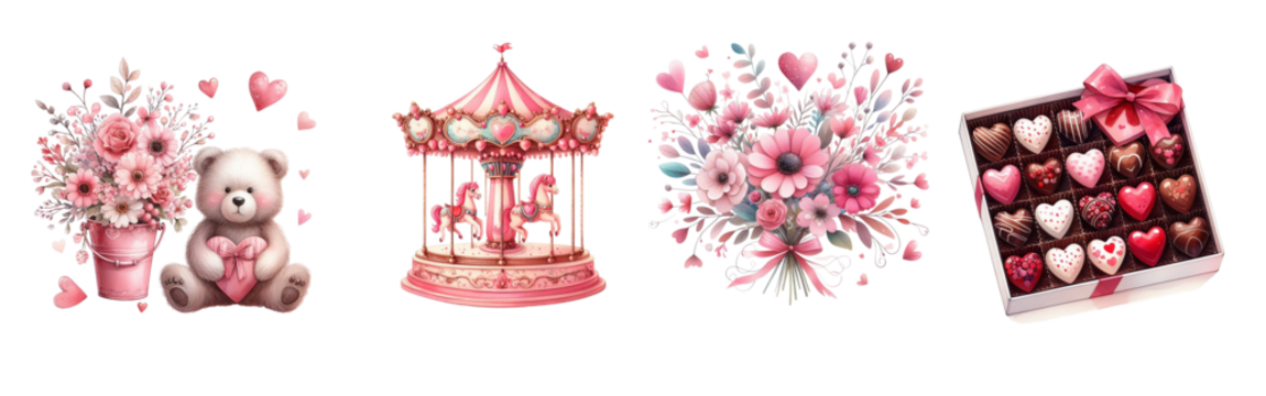 Watercolor Valentine's Day gift, teddy bear ring, flowers in pink tones