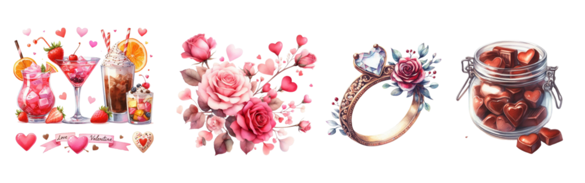 Watercolor Valentine's Day gift, teddy bear ring, flowers in pink tones