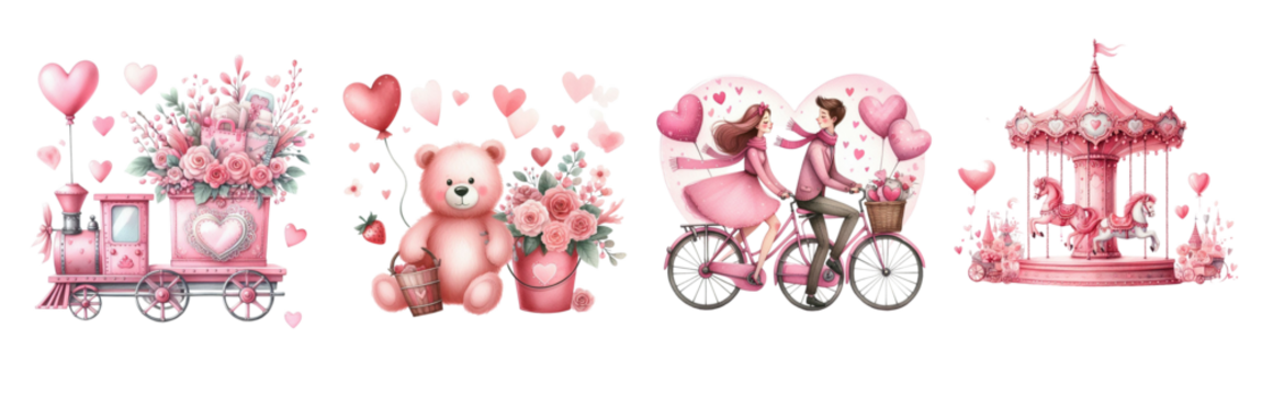 Watercolor Valentine's Day gift, teddy bear ring, flowers in pink tones