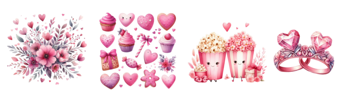 Watercolor Valentine's Day gift, teddy bear ring, flowers in pink tones