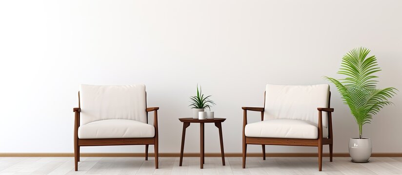 Waiting room furnished with two armchairs and white wall behind.