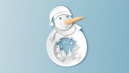 White Snowman. Santa Claus flying on sky in Christmas in paper cut Snowman frame. Merry Christmas and Happy New Year. paper cut and craft style. vector, illustration.