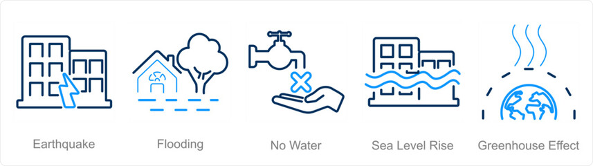 A set of 5 climate change icons as earthquake, flooding, no water - obrazy, fototapety, plakaty