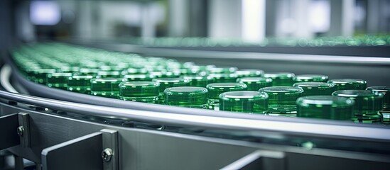 Pharmaceutical factory's medicine production line: green capsules on a metal conveyor, sorted and prepared for packaging. - obrazy, fototapety, plakaty